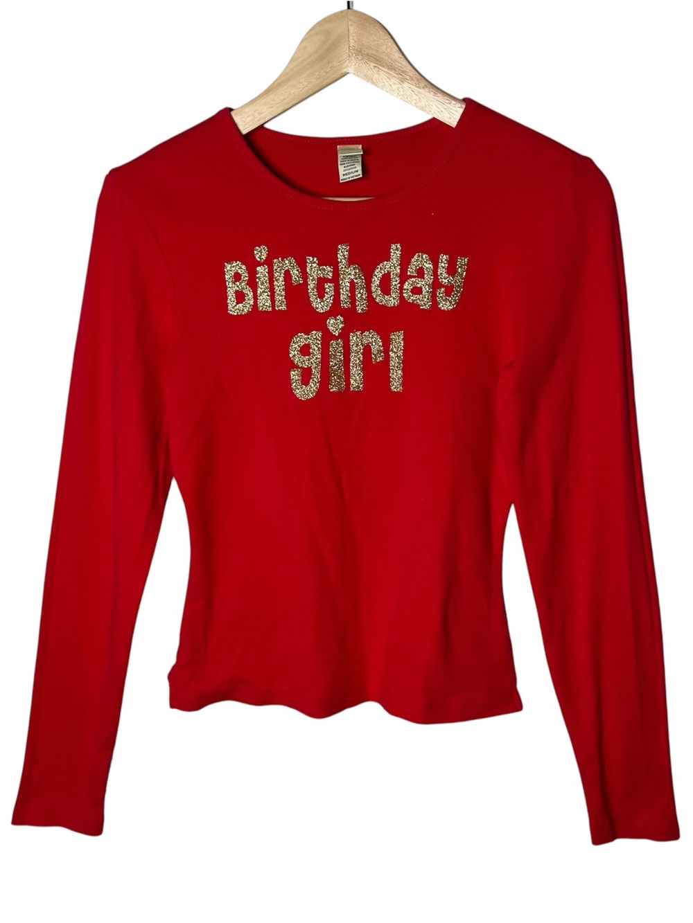 Y2K Vintage Kavio Red & Gold Glitter Birthday Girl Long Sleeve Shirt
